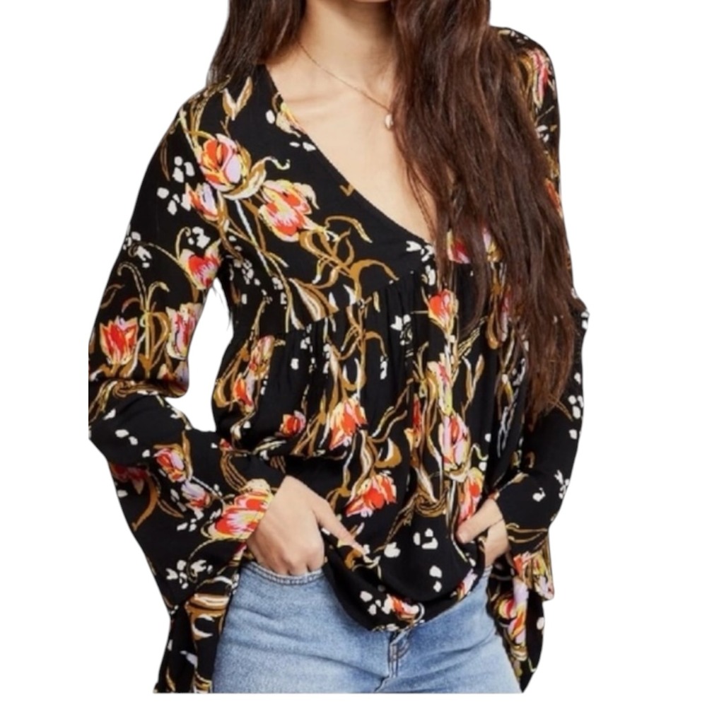 Free People‎ Bella Floral Babydoll Tunic Top Mini Dress Black V-Neck Size Medium